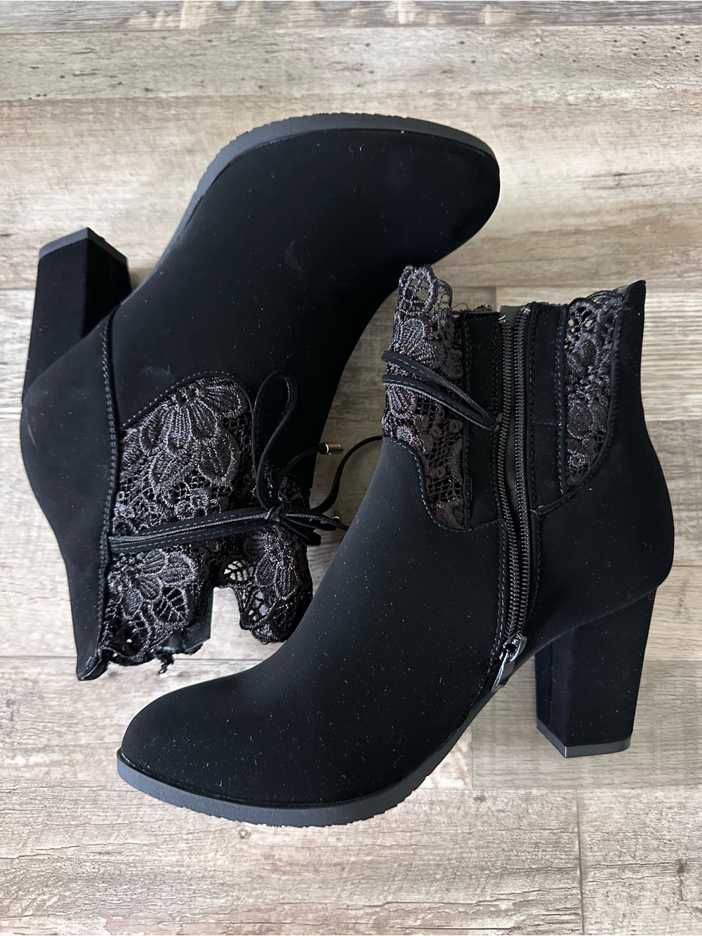 VENUS Black Lace-Inset Ankle Booties with Block Heel